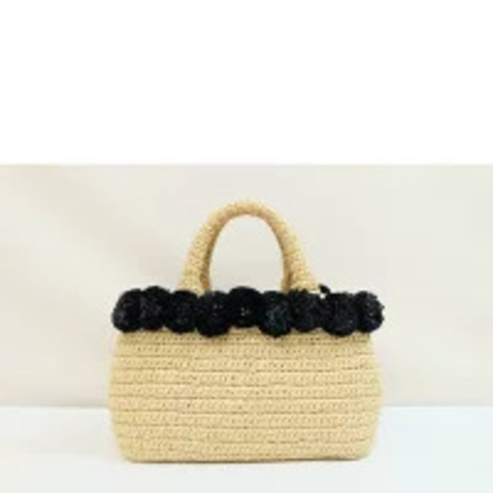 Prada pom Beige Raffia black black pom prominent Tote Bag